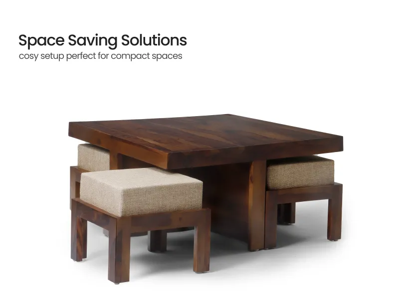 Belle Solid Wood Coffee Table with 4 Stools